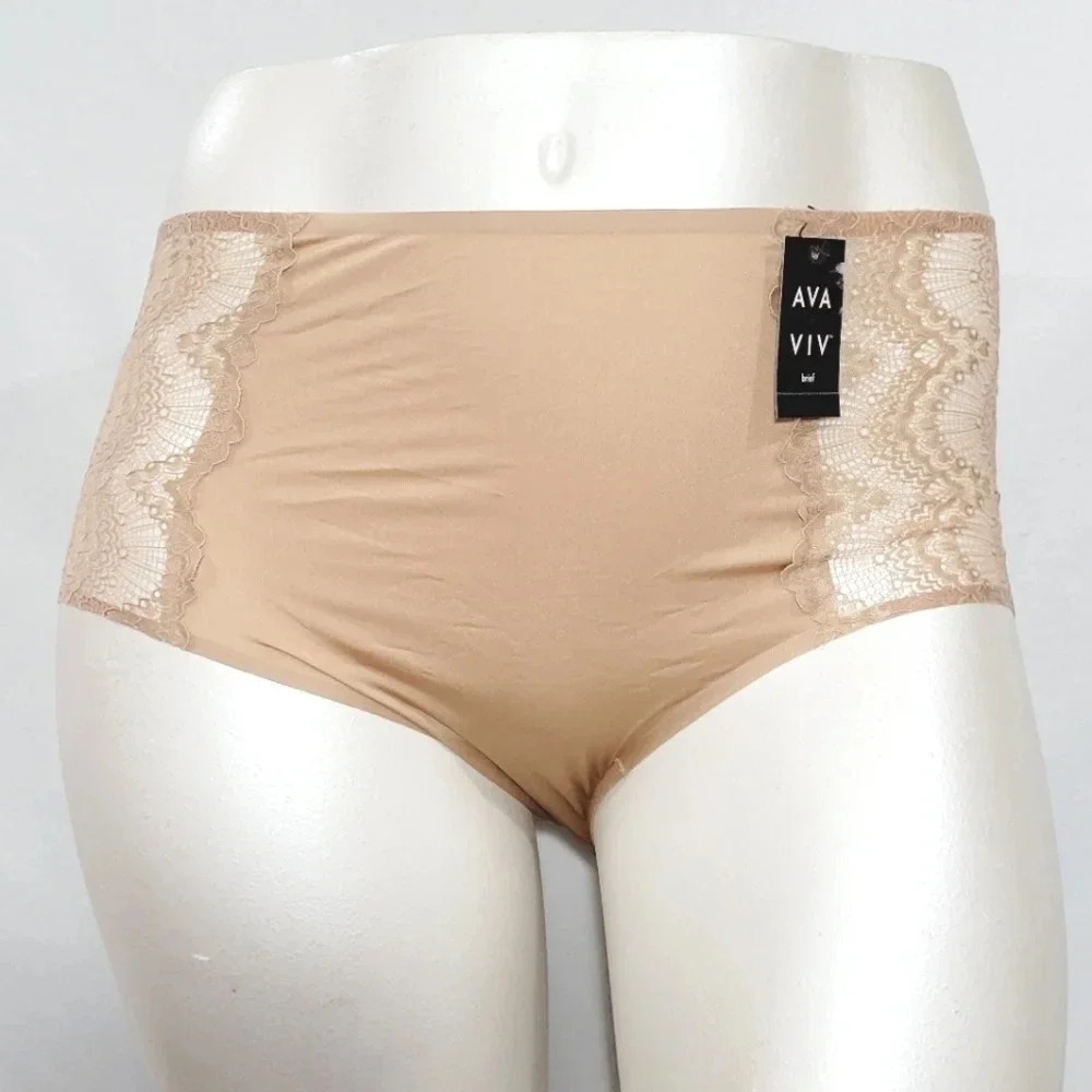 3X Ava & Viv High Waist Bonded‎ Briefs with Lace Honey Beige  New with Tags